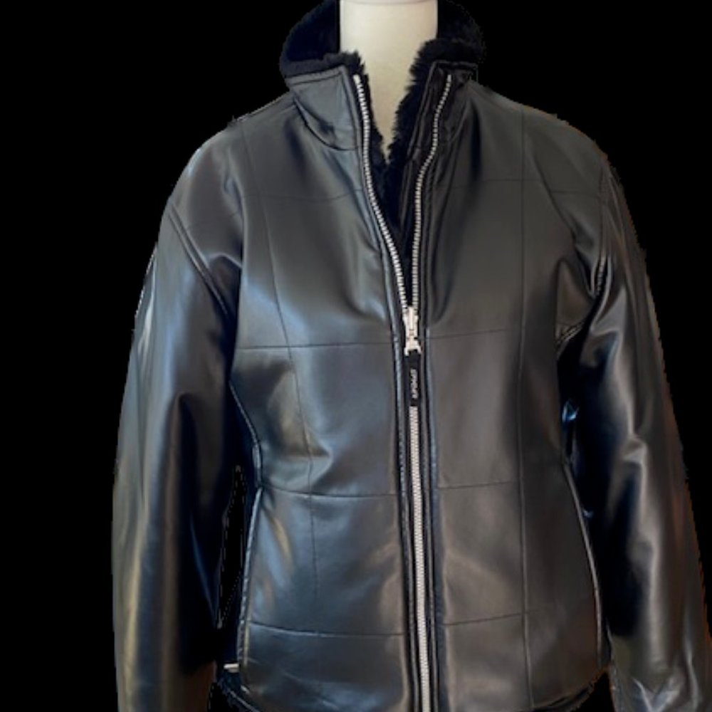 RARE Spyder Reversible- faux leather, faux fur winter jacket  US 10 Black